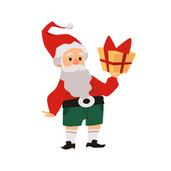 Wall Mural - Funny bearded cartoon elf or gnome holding gift box, flat vector illustration.