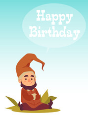 Wall Mural - Birthday greeting card with garden gnome or dwarf, flat vector illustration.