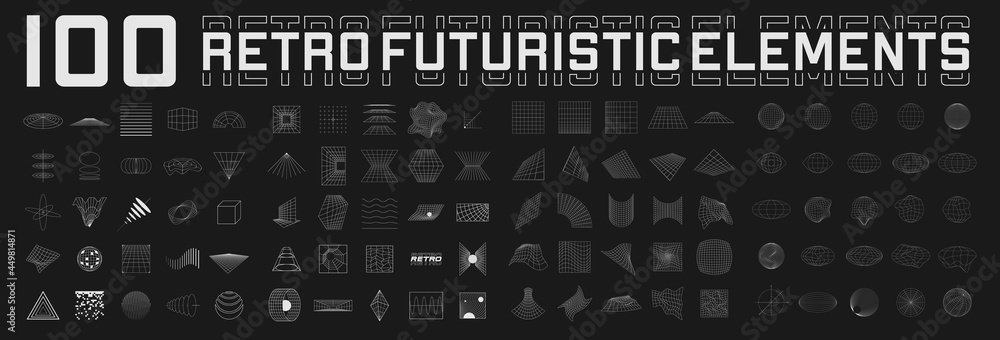 Set of retrofuturistic design elements. Perspective grids, tunnels, RETRO title, polar grid, geometry, portals, gravity visualization. Pack of cyberpunk 80s style design elements. Vector - obrazy, fototapety, plakaty 