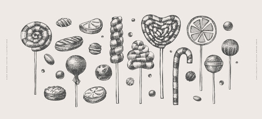 Poster - Large set of hand-drawn caramel sweets. Lollipops and caramels on a light background. Confectionery products vector illustration. Can be used for your design.