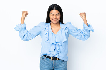 Wall Mural - Young latin woman woman isolated on white background doing strong gesture