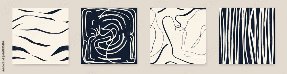 Minimalist trendy abstract print set. Line art black and white illustrations. Modern vector template for design. - obrazy, fototapety, plakaty 