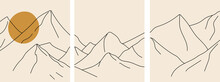 Collection Of Modern Artistic Minimalistic Landscapes (posters): Mountains And Sun (sunrise, Hand-drawn, Sketch) On A Beige Background