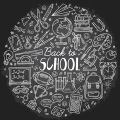 Back to school set of vector icons. A collection of linear elements of education in the doodle style. Objects drawn by hand on a blackboard on the day of knowledge. A ruler, a backpack and a globe.