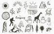 Black line natural with mountain,river,tree,sun,tent,giraffe