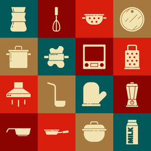 Set Paper Package For Milk, Blender, Grater, Kitchen Colander, Rolling Pin On Dough, Cooking Pot, Coffee Turk And Electronic Scales Icon. Vector