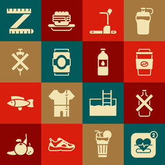 Wall Mural - Set Mobile with heart rate, No alcohol, Coffee cup to go, Treadmill machine, Soda can, doping syringe, Tape measure and Bottle water icon. Vector