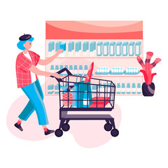 Shopping woman concept. Customer buys food and carries purchases bags at cart. Buyer walking with trolley at supermarket character scene. Vector illustration in flat design with people activities