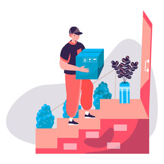 Delivery service concept. Courier delivered parcel box and standing at door to client house. Express shipping, distribution character scene. Vector illustration in flat design with people activities