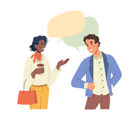 Aufkleber - Multiethnic people afro american woman and caucasian man talking, speech bubbles over heads, flat cartoon characters. Vector talking coworkers communicating, conversation between business partners