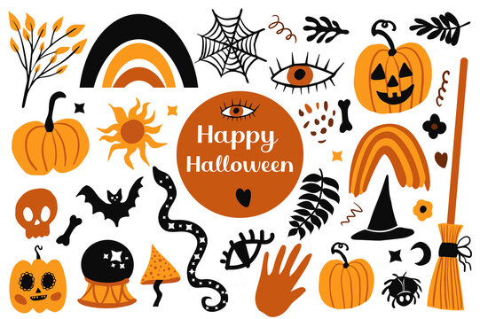 happy halloween boho abstract set. bohemian mystical magic collection clip art hand drawing style. c