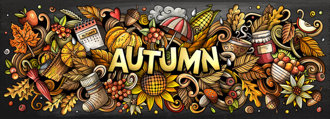 Wall Mural - Autumn nature hand drawn cartoon doodle illustration. Funny seasonal design.