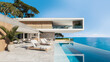 Contemporary house with pool. Pool deck at private villa. 3d illustration