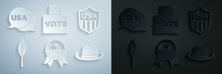 Sticker - Set Medal with star, Shield stars, Indian feather, Western cowboy hat, Vote box and USA Independence day icon. Vector