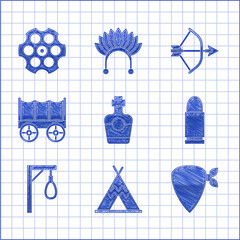 Poster - Set Tequila bottle, Indian teepee or wigwam, Cowboy bandana, Bullet, Gallows, Wild west covered wagon, Bow arrow in quiver and Revolver cylinder icon. Vector