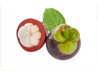 Wall Mural - whole and half cut fresh Mangosteen on white background