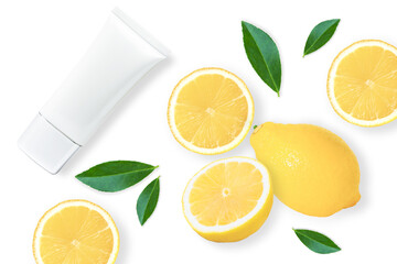 Wall Mural - Lemon skin care cream in plastic tube isolated on white background. Natural organic skincare ingredients beauty and spa product concept. Top view. flat lay.