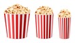 Realistic popcorn buckets. 3d multiple sizes paper cups, snacks for cinema and circus. Large, medium and small containers, striped red white packaging, corns souffles. Vector isolated set