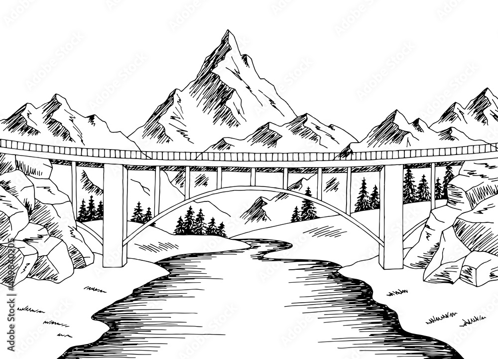 Mountain bridge river graphic black white landscape sketch illustration ...