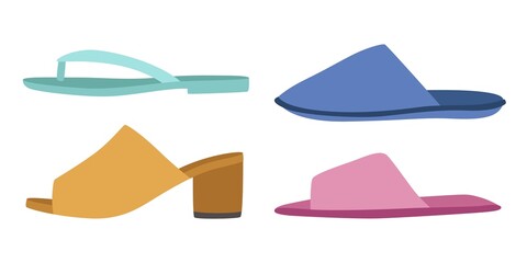 Footwear. Types of shoes for men and women or house. Fashionable casual style. Side view on summer flip-flop footgear without heels. Home slippers. Vector beach outfit elements set