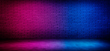 Black Brick Wall  Background With Neon Lighting Effect Pink Purple And Blue. Glowing Lights On Empty Brick Wall Background