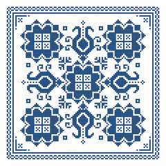 Poster - Zmijanje retro embroidery style vector design in square wtih flowers  - traditional folk art design from Bosnia and Herzegovina 
