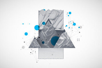 Scientific and technical image of the mountains. Abstract wireframe surface background inside a triangle.