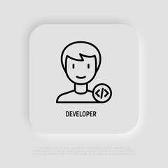 Wall Mural - developer, coder, programmer thin line icon, avatar of man with program code. modern vector illustra
