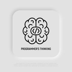 Wall Mural - programmer's thinking thin line icon, human brain with code symbols. developer, professional solutio