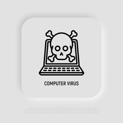 Wall Mural - computer virus thin line icon, open laptop with skull. modern vector illustration.