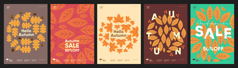 Autumn. A set of simple flat vector illustrations. Background patterns hello autumn, autumn sale, seasons. Perfect background for banner, poster, flyer, cover.