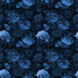 Blue flowers peonies and leaves on black background. Floral summer seamless pattern.