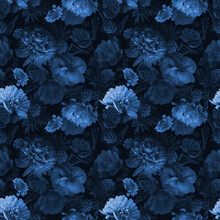 Blue Flowers Peonies And Leaves On Black Background. Floral Summer Seamless Pattern.