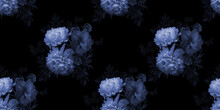 Blue Flowers Peonies And Leaves On Black Background. Floral Summer Seamless Pattern.