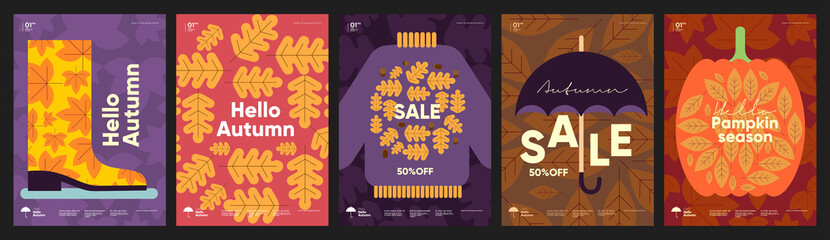 Autumn. A set of simple flat vector illustrations. Background patterns hello autumn, autumn sale, seasons. Perfect background for banner, poster, flyer, cover.