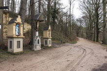 Scenic View Of Three Roadside Catholic Crosses Near Oud Valkenburg, Limburg, Netherlands