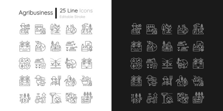agriculture related linear icons set for dark and light mode. growing vegetables and fruits. farm te