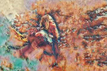 Wall Mural - detail shamanic girl playing on drum in the nature.. Painting effect.