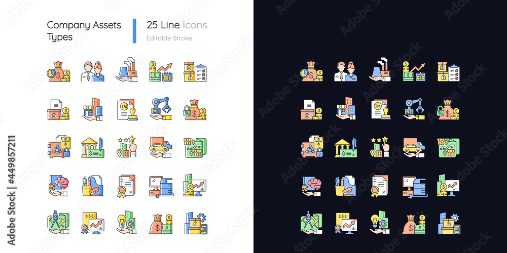 Business assets light and dark theme RGB color icons set. Company owned ...