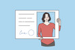 Official document and identification concept. Young smiling woman standing holding ID card in hand looking from hole vector illustration 