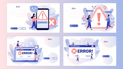 Error message. Tiny people examining operating system error warning window on smartphone and computer. Screen template for landing page, template, ui, web, mobile app, poster, banner, flyer. Vector 