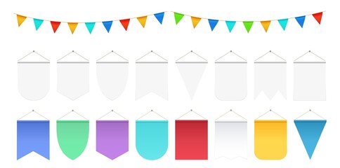 Sticker - Realistic hanging flags. White pennant mockup, festival party flag banners. Isolated anniversary or ad decorations vector collection