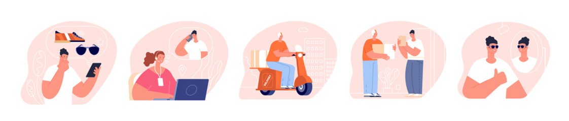 Sticker - Order and delivery concept. Online shopping and cashless pay, shipping on bike to home. Man calling to call center and wait courier utter vector scenes