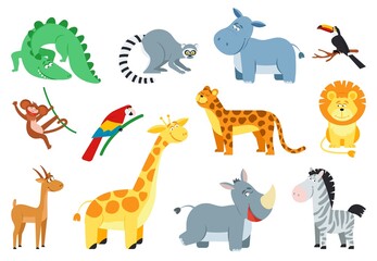 Poster - Cute jungle animal. Cartoon african animals, monkey zebra lion. Safari baby child zoo, savanna wildlife. Isolated flat exotic decent vector characters