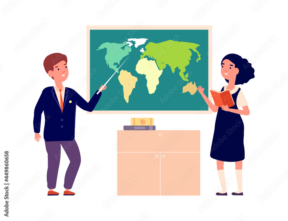 Geography lesson. Children back to school concept, young students look ...