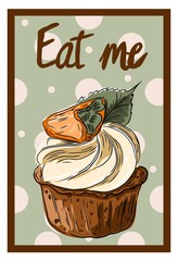 an autumn postcard or poster with a cupcake decorated with a piece of persimmon . the inscription in