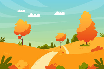 autumn landscape with trees, bushes and path