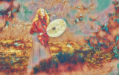 Wall Mural - detail shamanic girl playing on shaman frame drum in the nature.. Painting effect.