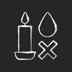 Poster - Extinguish candle without water chalk white manual label icon on dark background. Hot wax splattering prevention. Isolated vector chalkboard illustration for product use instructions on black