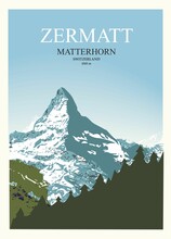 Stylish Travel Poster. View Of The Matterhorn Near Zermatt